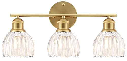 Image of Bathroom Light Fixtures, 3-Light Brushed Gold Vanity Lights for Bathroom with Clear Tulip Glass Shade, 20 inch Vintage Bathroom Vanity Lighting Fixtures Over Mirror for Bedroom Living Room Hallway