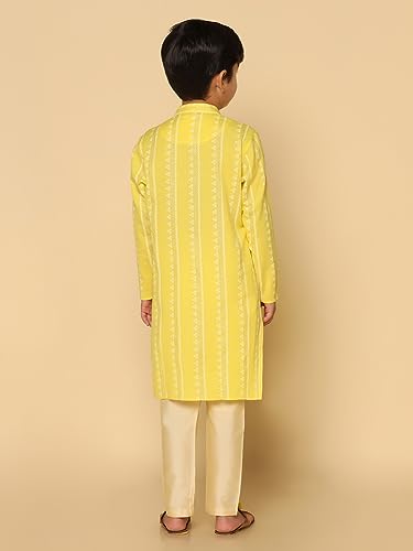 Image of KISAH Kid's Full Sleeves Cotton Blend Knee Length Printed Peach Kurta Elastic Dhoti Set for Men