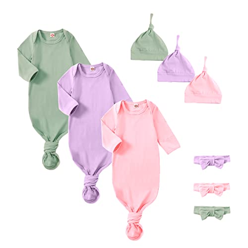 Image of OPAWO Newborn Baby Knotted Gowns with Mitten Cuffs and Hat Baby Sleeper Gowns Coming Home Outfit for Baby Boy Girl 0-6 Months