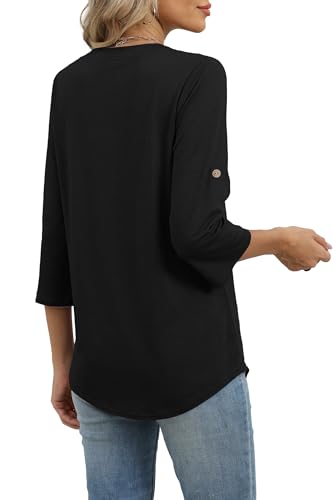 Image of XIEERDUO 3 /4 Length Sleeve Womens Tops V Neck T Shirts Both Side Buttons Blouses Business Casual Outfits Loose Fit