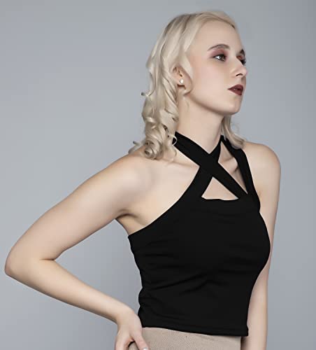 Image of A1726 Women's Basic Solid Halter Neck Crop Top for Women Stylish Western