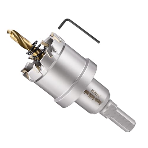 METALLIXITY Hole Saw 37mm (1-7/16"), Heavy Duty Tungsten Carbide with Center Drill Bit Hex Key Spring - Hole Cutters for Thick Stainless Steel Steel Metal Plates. Silver