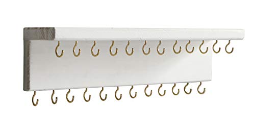 SANY DAYO HOME Jewelry Organizer with 24 Hooks and Cosmetics Shelf, 12 x 3 x 4 inches Wall Mounted Rustic Pine Wood Holder for Necklaces and Bracelets, Suitable for Kids and Adults (Retro White)