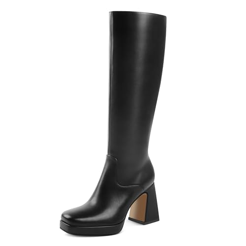 Image of JOY IN LOVE Knee High Boots for Women Chunky Heel Tall Boots | Chunky Block Heel, Square Toe, Side Zipper, Comfortable Daily Long Tall Boots