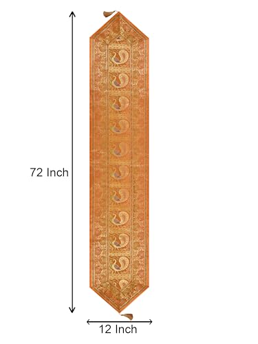 Image of Banarasi Brocade Zari Silk Table Runner Dinning & Centre Table Runner 177 By 30 CM (Mustard Yellow, Peacock)