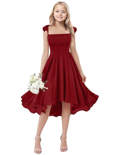 ZCOEXSO Junior Bridesmaid Dresses for Girls Short Burgundy Spaghetti Straps Jr Bridesmaid Dresses Teens Flower Girl Dresses for Wedding Size 11
