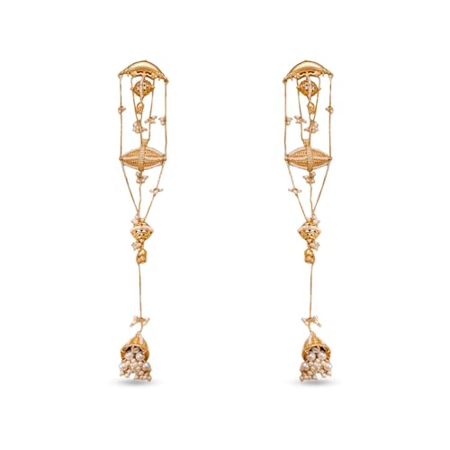 Image of Rubans Long Jhumka Earrings with Ear Chain Pearl Beaded Traditional Wedding Jewellery Gift for Women & Girls