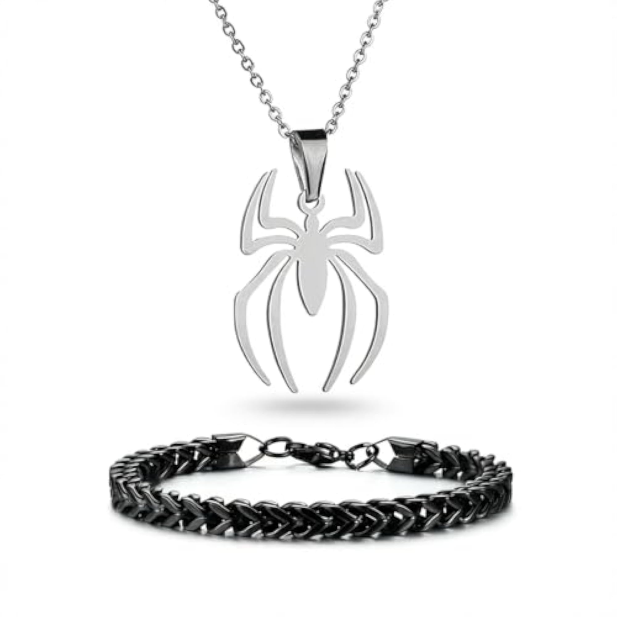 Men's Silver Plated Spider Pendant & Chain Bracelet