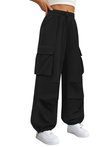 COPYLEAF Parachute Cargo Pants Women Elastic Waisted Quick Dry Lightweight Baggy Hiking Pants with Pockets Water Resistant(Black L)