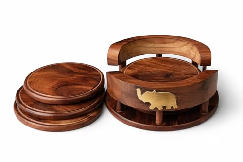 Image of Wooden Handmade Tea Coasters Set of 6, Coasters for Cups Set of 6, Tea Cup Holder Table, with Elephant Brass Work, Coffee Wooden Coaster Set Cup Wooden Stand Coaster