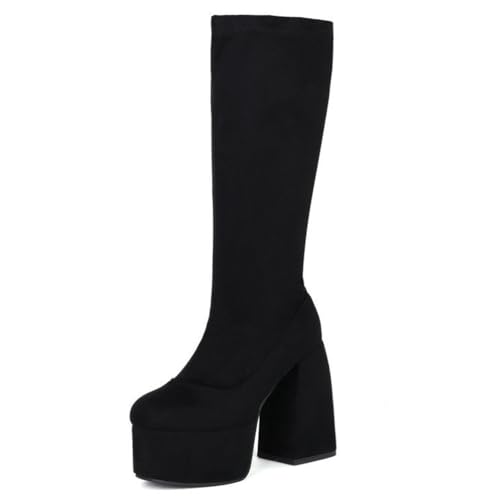 Gueploer Botas Largas hasta La Rodilla para Mujer, Punta Redonda, Tacones De Bloque, Plataforma De Estiramiento para La Vida Diaria, Fiesta,Negro,44 EU