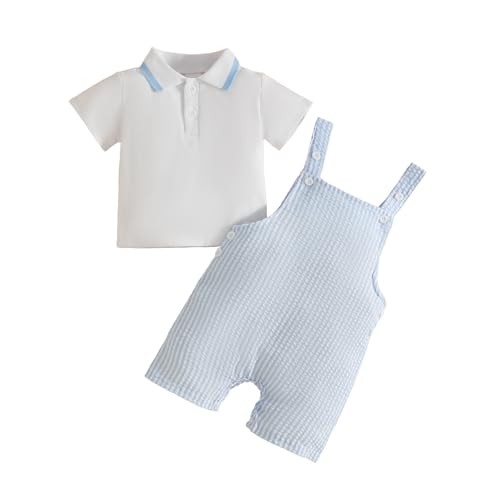 Image of UUAISSO Toddler Baby Boy Outfits Polo Shirts Tops Stripe Suspender Shorts Sets Baby Boy Summer Clothes blue 6-12 months