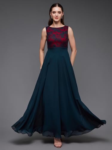 Image of Miss Chase Women's Round Neck Sleeveless Floral Lace Fit & Flare Maxi Dress