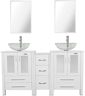 eclife 60” Bathroom Vanity Sink Combo White W/Side Cabinet Vanity Clear Round Tempered