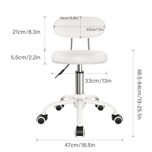 Image of WKWKER Rolling Stool with Wheels Swivel Stool with Back Height Adjustable Chair PU Leather Rolling Chair Ideal for SPA Salon Home Office Drafting Work (White)