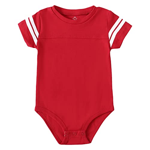 ROMPERINBOX Baby Football Jersey Onsies Raglan Bodysuit Customized Newborn Unisex Solid Sport Teams Romper with Contrasting Sleeve Stripes(Red,9-12 Months)