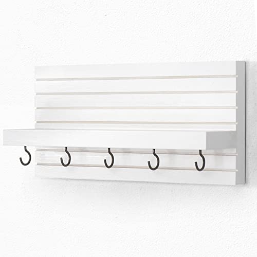 Decorative Key Holder For Wall With Shelf, Entryway Shelf With Hooks Holds Leashes, Jackets And Glasses – Sturdy Wood Keyholder Entrance Hanger With Mounting Hardware (11.8” X 5.5” X 3.1”) (White) #TOP1