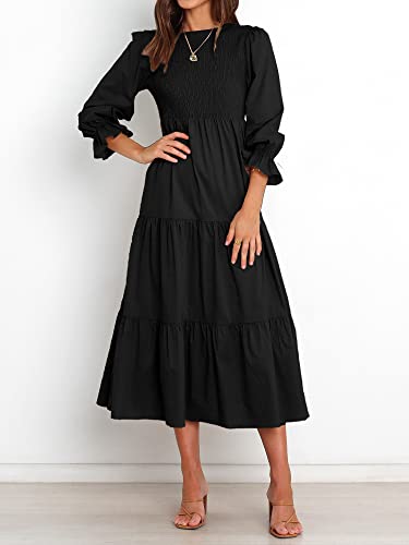 BTFBM Women Casual Long Sleeve Dress Fall Dresses 2025 Solid Color Relaxed Fit Smocked Tiered Flowy Boho Long Dresses(Solid Black,X-Large) — view 4