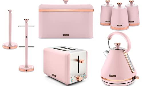 Tower Cavaletto Pink Pyramid Kettle, 2 Slice Toaster, Bread Bin, Set of 3 Canisters, Mug Tree & Towel Pole. New Matching Set of 8 Kitchen Items in Pink & Rose Gold