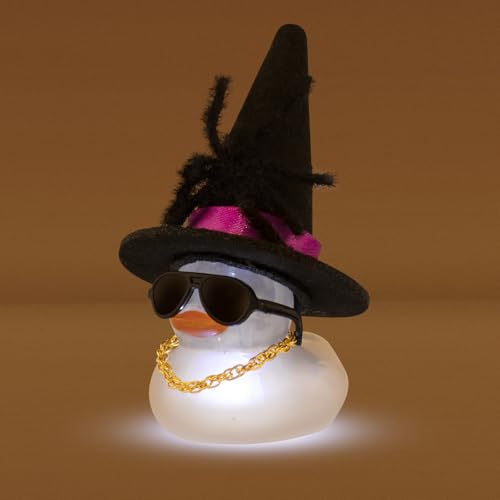 wonuu Halloween Glowing Rubber Duck with Light, Transparent Rubber Ducks with Black Spider Sunglasses Pearl Cosplay Hat Cloak, Gold Chain-White Light