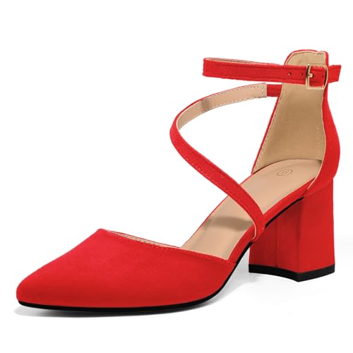 mysoft Women's Pumps Low Chunky Block Heels Pointed Toe Ankle Str...