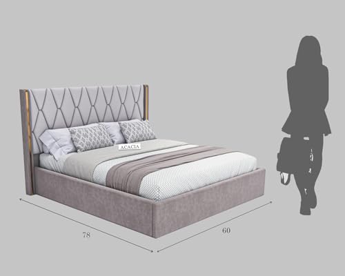 Image of Modern Upholstered Queen Size Bed with Hydraulic Storage for Bedroom | Wooden Double Beds for Home & Hotels | Platform Cot Bed with Upholstery Fabric, 6.5 x 5 Ft | Sheesham, White-Brown