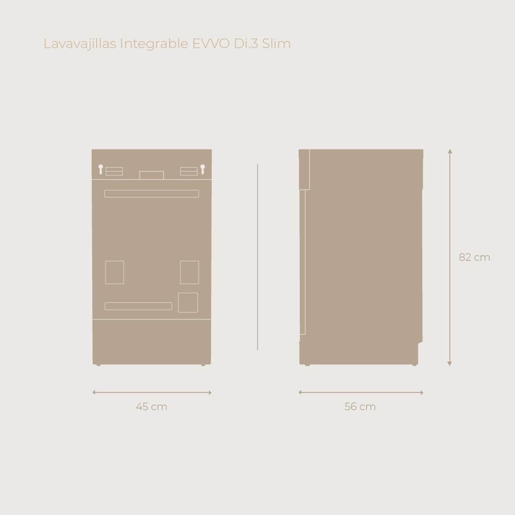 EVVO Lavavajillas Integrable Di.3 Slim 45 cm - Lavavajillas Pequeño Panelable de 10 Cubiertos, Clase D, 8 Programas con Modo Auto, Apertura Automática de Puerta y Media Carga, Lavaplatos Estrecho