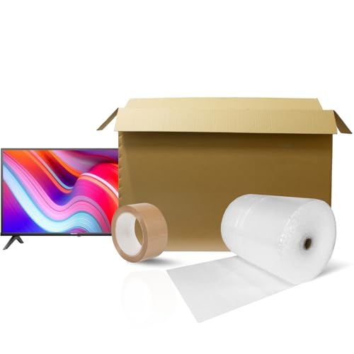 Cardboard TV Boxes with 10m Bubble Wrap & Tape for Moving | Strong Double Walled Solid moving cardboard boxes with Handles for TV Packing Storing & Shipping | Standard | Best for TVs 40",49",59",75"