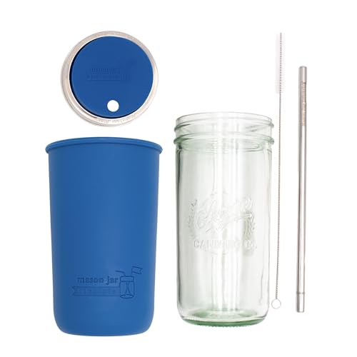 Mason Jar Lifestyle Wide Mouth 24oz Pint & Half Glass Mason Jar Water Bottle Travel Tumbler with Silicone Sleeve Straw Lid ans Stainless Steel Straw (Deep Blue)