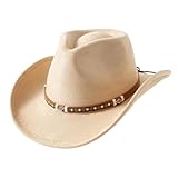 SSPalu Women Men Western Cowgirl Hats Fashionable Retro Wide Brim Fedora Caps with Decorative Band (Beige, M)