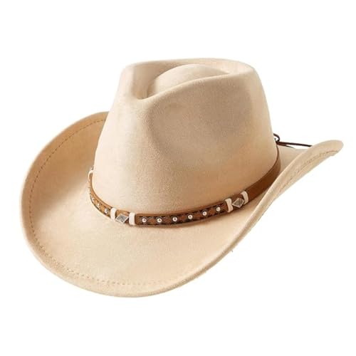 SSPalu Women Men Western Cowgirl Hats Fashionable Retro Wide Brim Fedora Caps with Decorative Band (Beige, M)