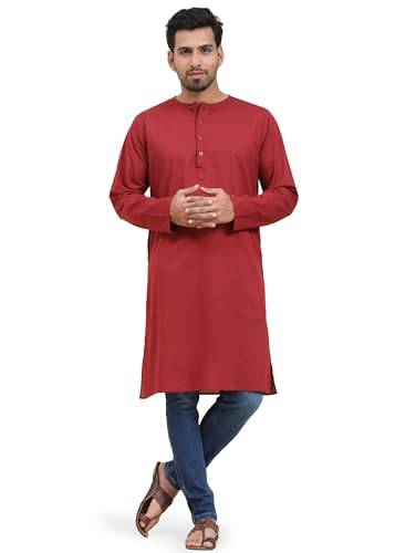 Image of Amazon Brand - Anarva Men's Cotton Solid Round Neck Kurta Long Sleeves Straight Knee Length Casual Shirt