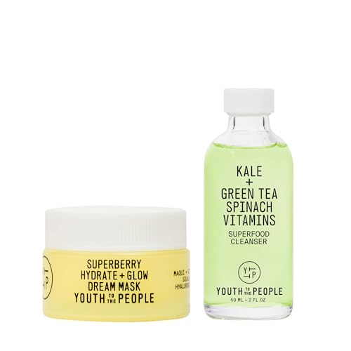 Youth To The People Rinse + Rest Travel Duo, Skincare Bundle Set for Dry Skin, Superberry Hydrate + Glow Dream Overnight Face Mask (0.5oz) + Superfood Kale + Green Tea Facial Cleanser (2oz)