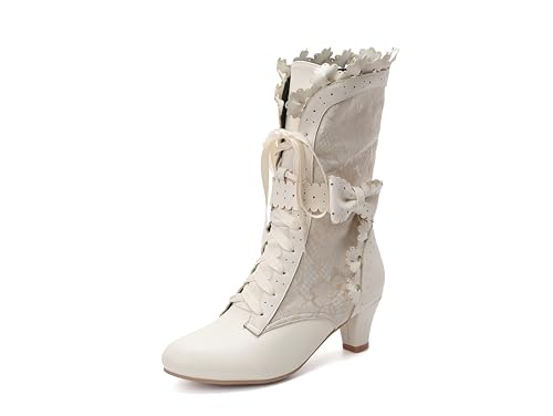 Women Victorian Boots Chunky Heels Lace up Cute Bow Knot Cosplay Costumes Witch Medieval Renaissance Mid-Calf Goth Boots Vintage Gothic Character Dance Kawaii Lolita Shoes