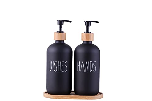 Glass Kitchen Soap Dispenser Set including Tray by Brighter Barns, Hand and Dish Soap Dispenser for Kitchen Sink