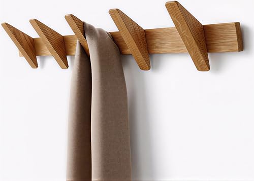 Garderobenhaken aus Eiche Massivholz Garderobenleiste Holz mit 5 Haken Moderne Hakenleiste & Flurgarderobe Wandgarderobe aus Holz für Jackenaufhänger Coat Rack & Garderobenpaneel
