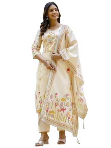 Image of VredeVogel Women's Viscose Silk Blend Straight Kurta Pant Set with Printed Dupatta for Festive & Casual Ethnic Kurta Sets