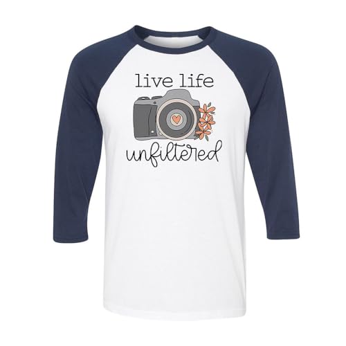 TeesAndTankYou Live Life Unfiltered Photographer Three-Quarter Raglan Sleeve Baseball Shirt Unisex Large White/Navy