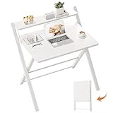 GreenForest Folding Desk No Assembly Required Large Size, 2-Tier Foldable Computer Desk with Shelf for Home Office, Space Saving Portable Laptop Study Foldable Table for Bedroom, White