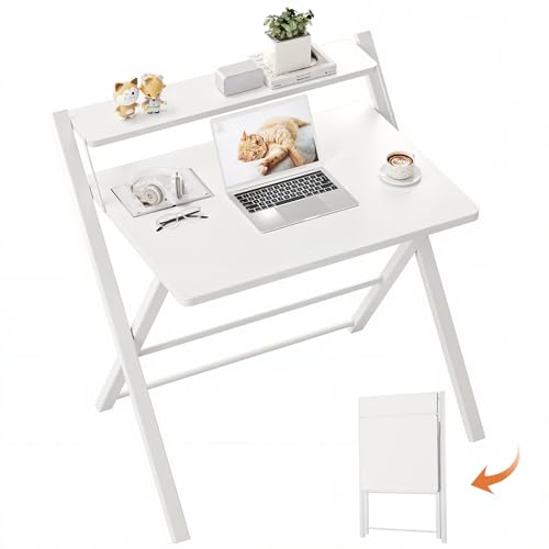 GreenForest Foldable Desk No Assembly Required,Small Desk with Monitor Shelf,Computer Desk for Small Space,White