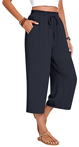 Image of Anyhold Women's Capri Pants Drawstring Casual Palazzo Trousers with Pockets Loose High Waisted Wide Leg Lounge Pants