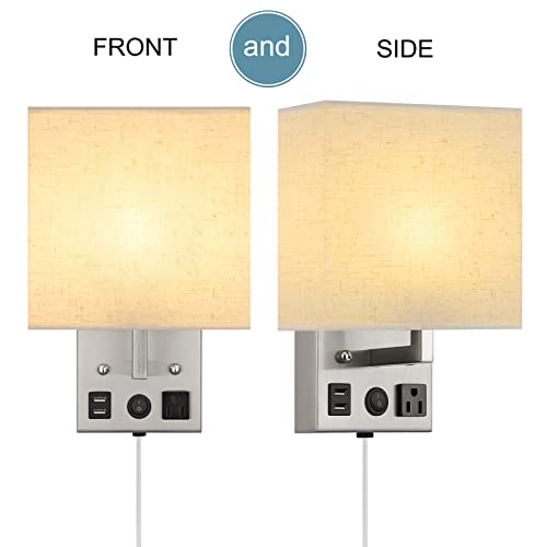 Oyeal Plug In Wall Sconces Set Of 2 Bedside Wall Lamp Light With Usb Charging Ports Ac Socket, Fabric Linen Shade, Wall Mount Light For Bedroom Living Room Hallway (Led Bulbs Included) #TOP3