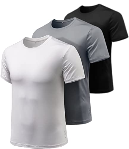 ATHLIO Men's Workout Running Shirts, Sun Protection Quick Dry Athletic Shirts, Short Sleeve Gym T-Shirts, 3pack Black/Cloud Grey/White, Large