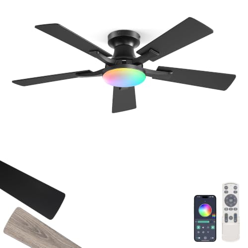 Image of ZMISHIBO 42 Inch RGB Ceiling Fan with Light, Remote&App Control,Flush Mount | Low Profile, Dimmable 20W LED Light, Quiet Reversible Motor, Strong Airflow, Easy Install for Bedroom /Living Room /Apt, Black
