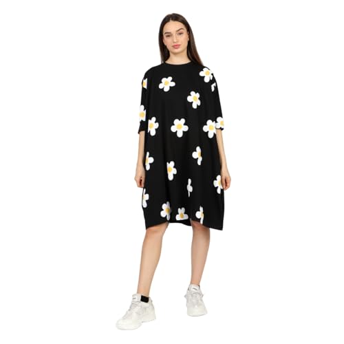 Image of LAMA STORE Women's Printed Oversized T-Shirt Dress, Cotton, 3 /4 Sleeve Length, Casual Loose Fit, Comfort Wear Extra Comfy Oversized Printed Pocket T-Shirt Dress