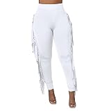 Ruziyoog Women's Casual High Waist Fringed Pants Bodycon Stretch Slim Tassels Side Jogger Sweatpants Leggings Workout Pants White