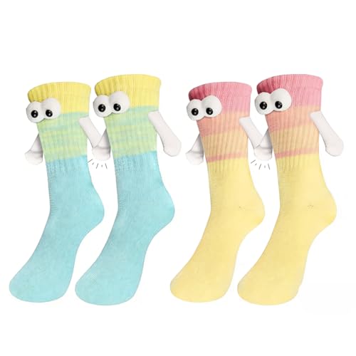 Dovban 2 Pares De Calcetines Que Se Dan La Mano, Color Degradado, Calcetines Con Manitas Magnéticas, Cómodos Y Cálidos, Adecuados Para Parejas, Amigos, Hermanas (Amarillo + Azul Lago)