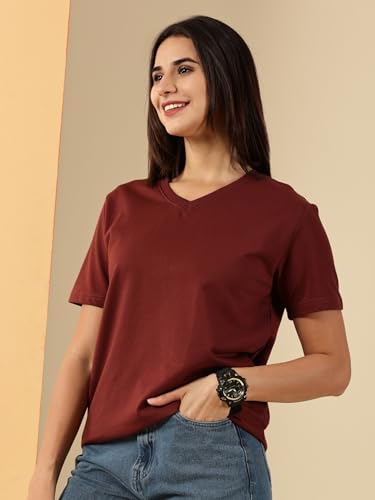 Image of Women's Pure Cotton Relaxed Fit V-Neck Half Sleeve T-Shirt | Gym Wear Casual Look T-Shirt | Regular Fitting with Comfort Wear for Women