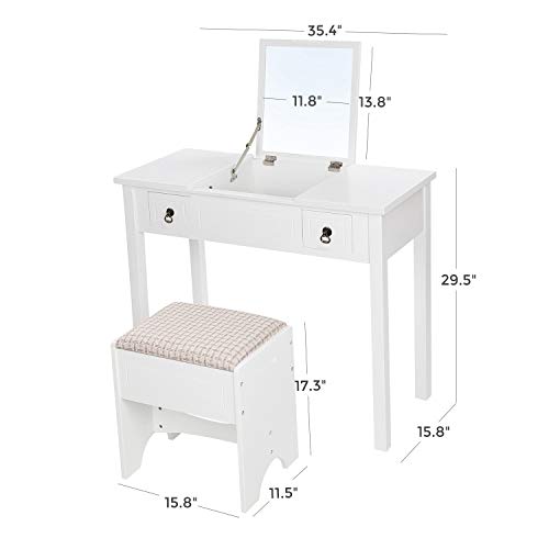 Vasagle Makeup Vanity Set With Flip Top Mirror Makeup Vanity Dressing Table Writing Desk With 2 Drawers Cushioned Stool 3 Removable Organizers, Easy Assembly, White Urdt01M #TOP6