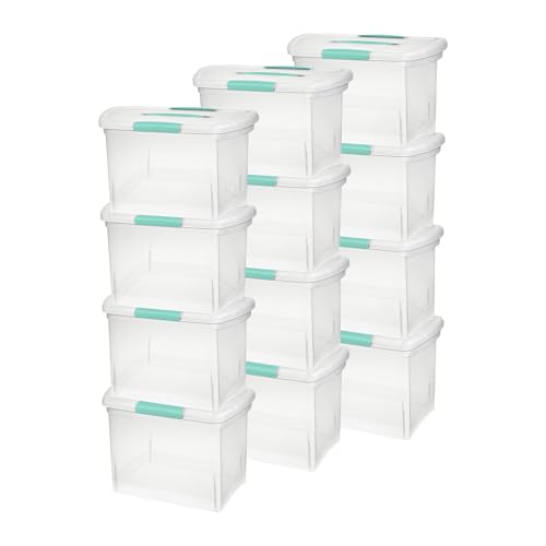 Sterilite Large Nesting ShowOffs Stackable Storage Bin, Latching Organizer Tote with Handle, Plastic Box for File Organization, Clear, 12-Pack